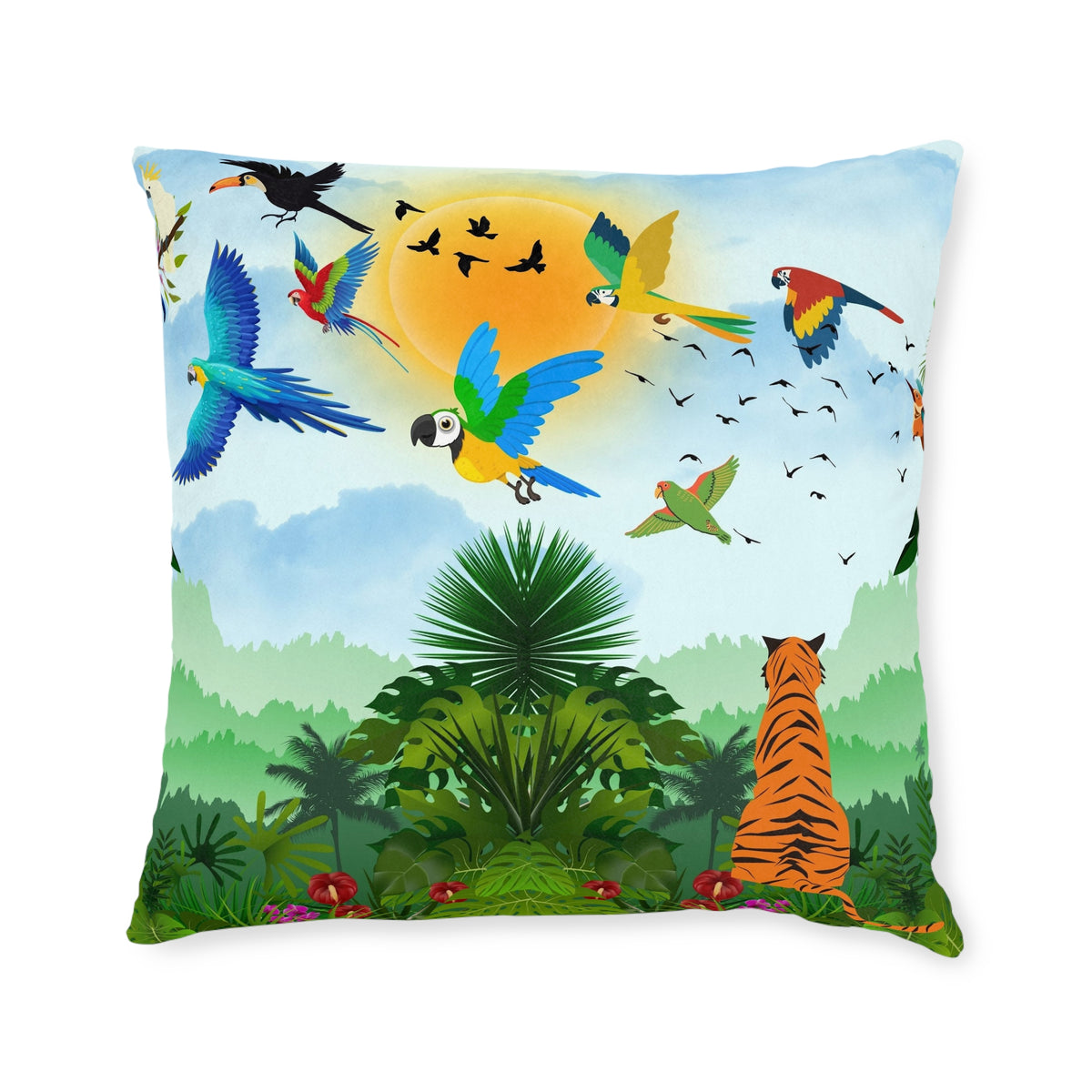 Tropical Jungle Square Pillow — Colorful Parrots & Tiger Decorative Throw Pillow Printify