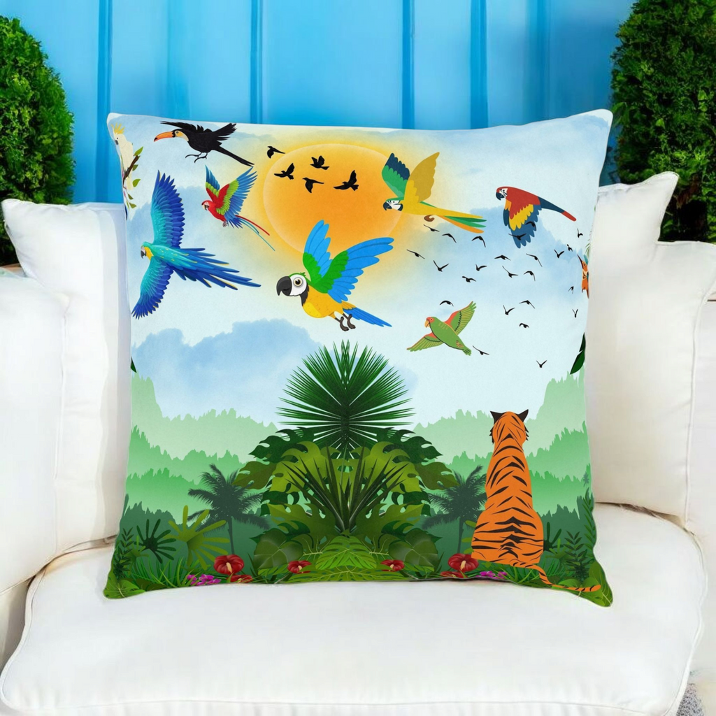 Tropical Jungle Square Pillow — Colorful Parrots & Tiger Decorative Throw Pillow Printify