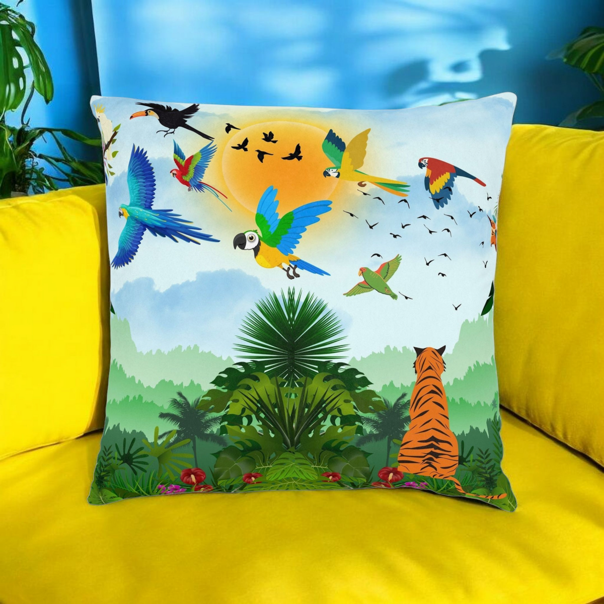 Tropical Jungle Square Pillow — Colorful Parrots & Tiger Decorative Throw Pillow Printify
