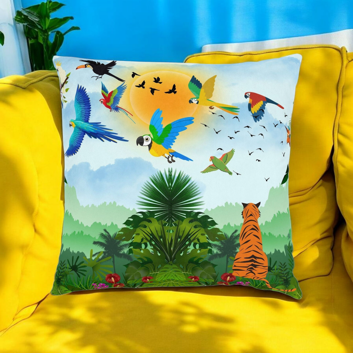 Tropical Jungle Square Pillow — Colorful Parrots & Tiger Decorative Throw Pillow Printify