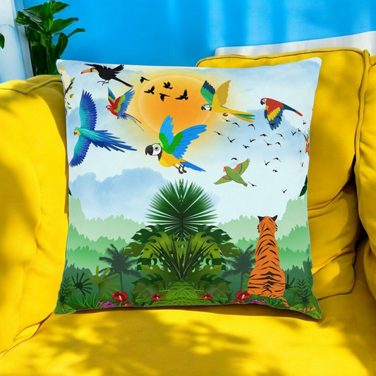 Tropical Jungle Square Pillow with Vibrant Wildlife Design
