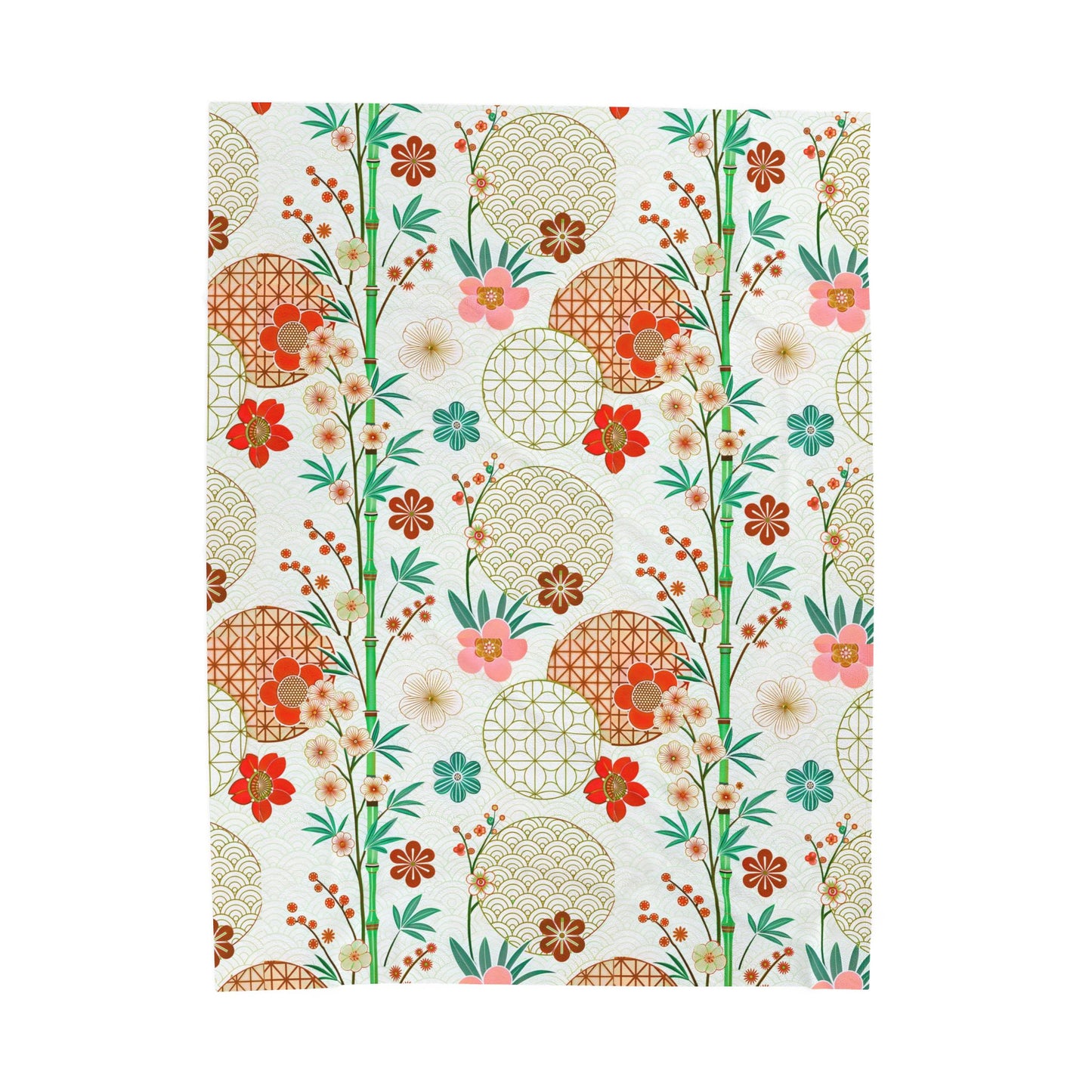 Floral Japanese Circle Velveteen Plush Blanket — Soft Retro Blossom Throw