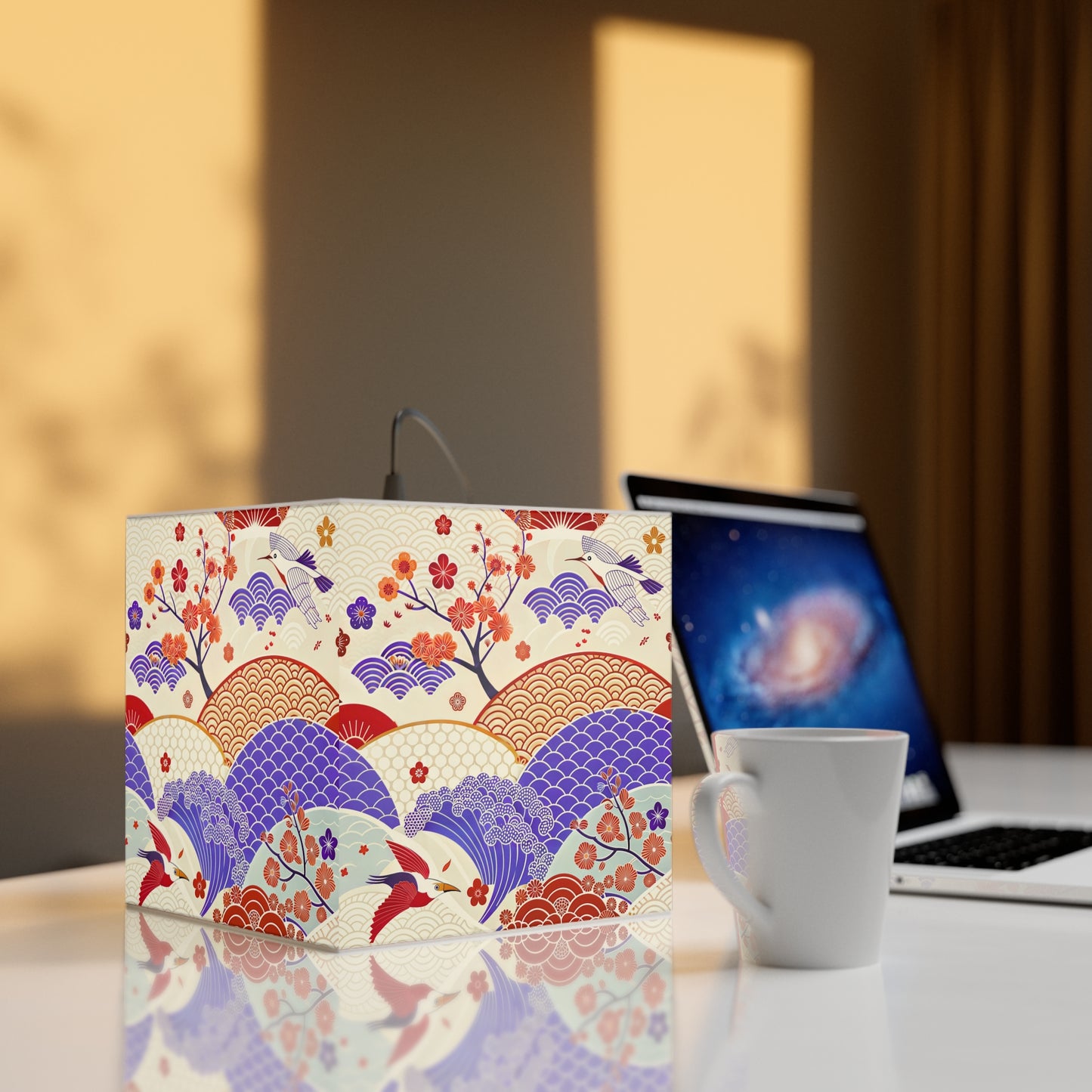 Japanese Wave & Crane Light Cube Lamp — Floral Origami Pattern Ambient Pendant