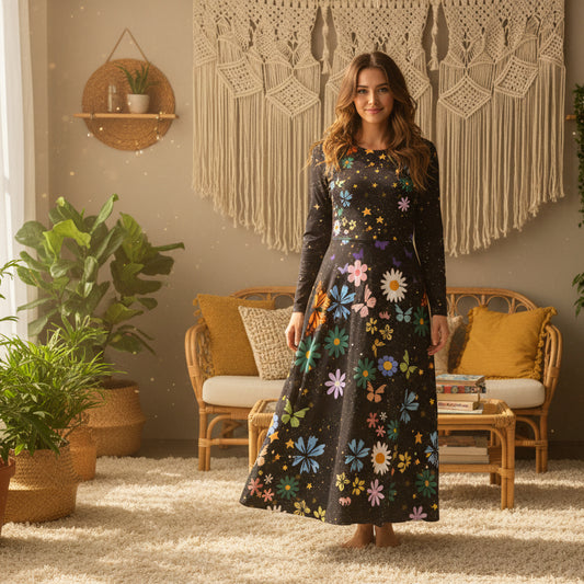 Celestial Floral Long Sleeve Dance Dress - Perfect for Parties, Events, Spring Celebrations