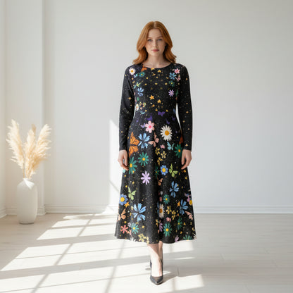 Celestial Floral Long Sleeve Dance Dress - Perfect for Parties, Events, Spring Celebrations