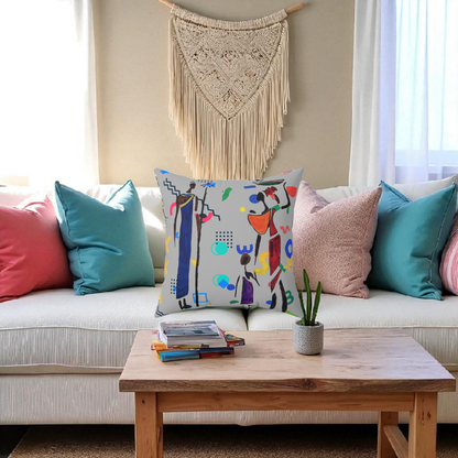 Ethnic Family Doodle Spun Polyester Square Pillow - Handcrafted Home Decor