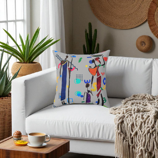 Ethnic Family Doodle Spun Polyester Square Pillow - Handcrafted Home Decor