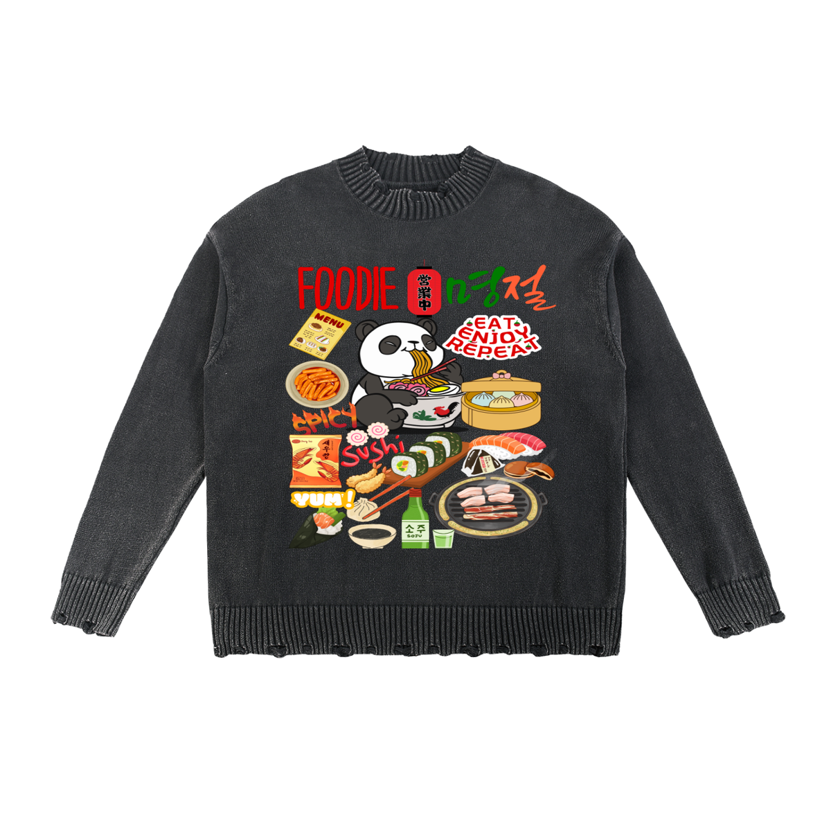 Asian Foodie Themed Graphic Vintage Washed Hand-Frayed Sweater