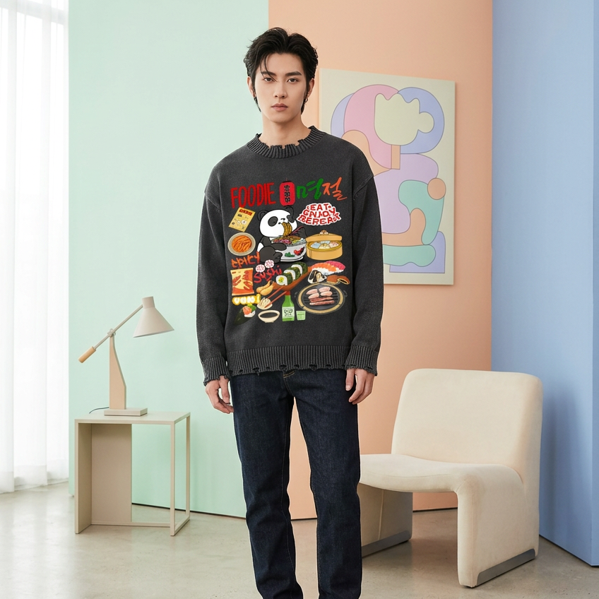 Asian Foodie Themed Graphic Vintage Washed Hand-Frayed Sweater