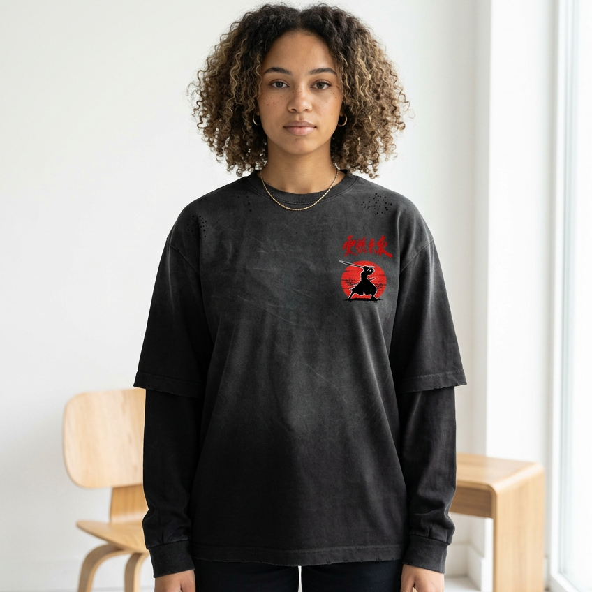 Graphic Dragon Art Sunfade Hand-Frayed Faux Two-Piece Unisex T-Shirt