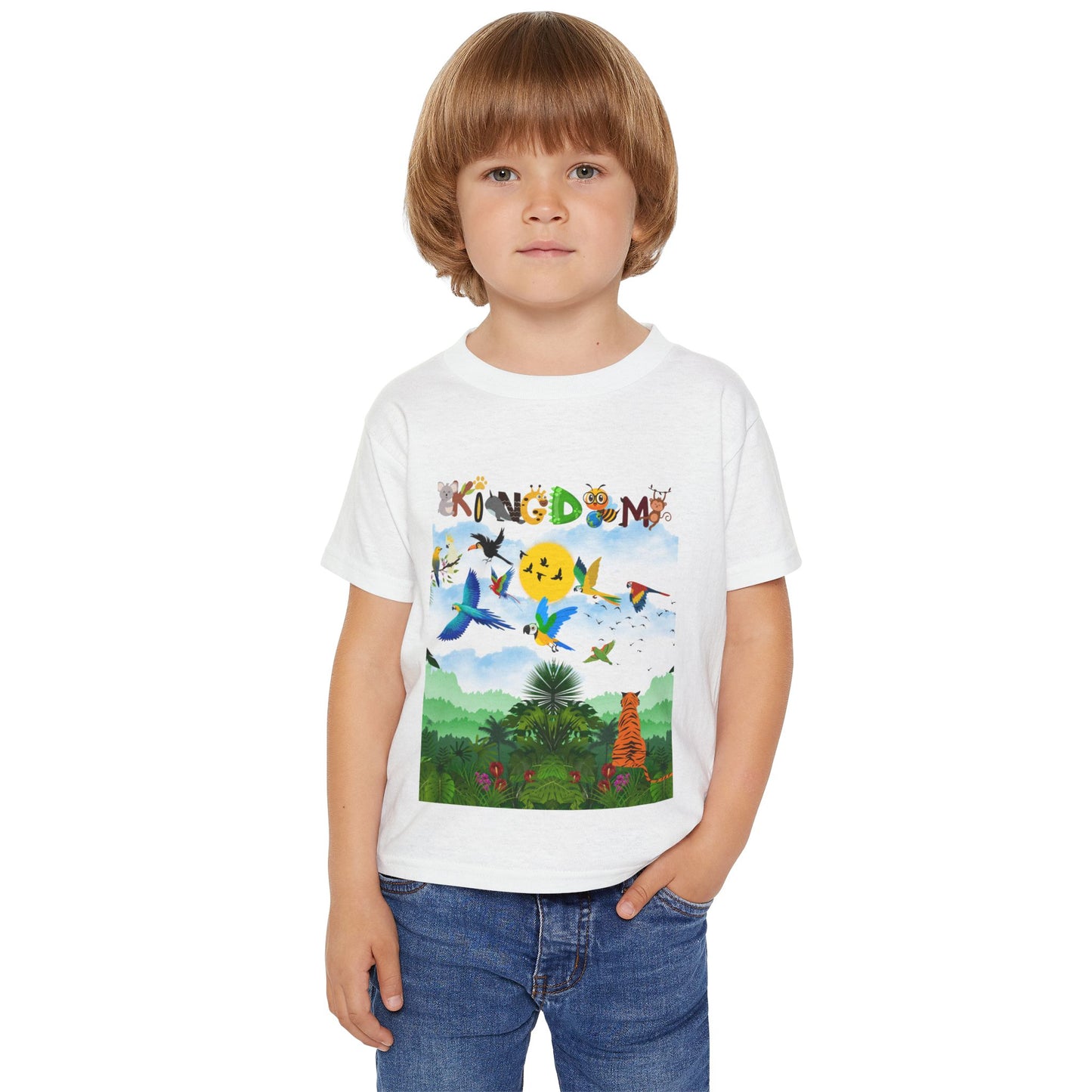 Toddler T‑Shirt — "Kingdom" Jungle Animals Design (Colorful Birds & Sunshine)
