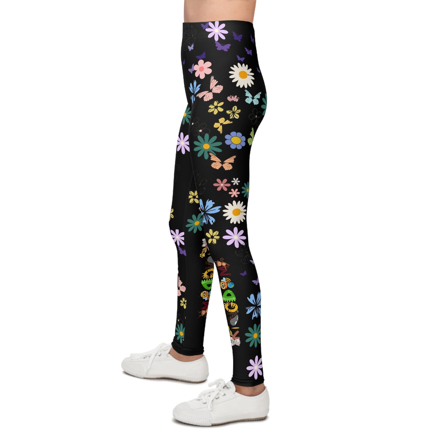 Colorful Floral Youth Leggings - Butterflies & Flowers Design