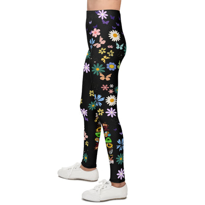 Colorful Floral Youth Leggings - Butterflies & Flowers Design