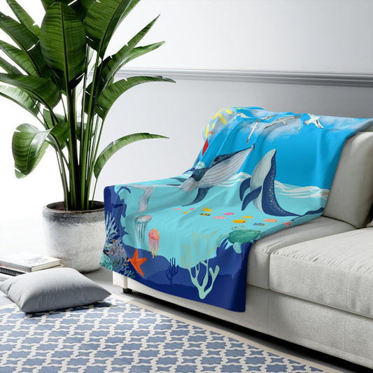 Sherpa Fleece Blanket - Ocean Vibes Whale Design Throw