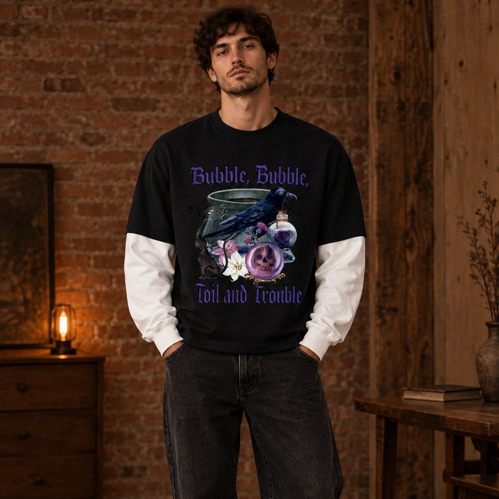 Gothic Raven Halloween Graphic  Unisex Layered Contrast Sleeve Cotton T-Shirt