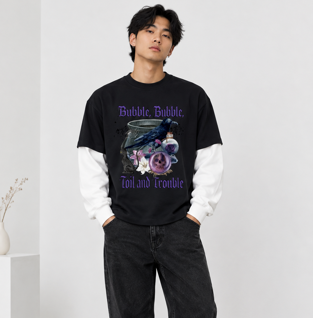 Gothic Raven Halloween Graphic  Unisex Layered Contrast Sleeve Cotton T-Shirt