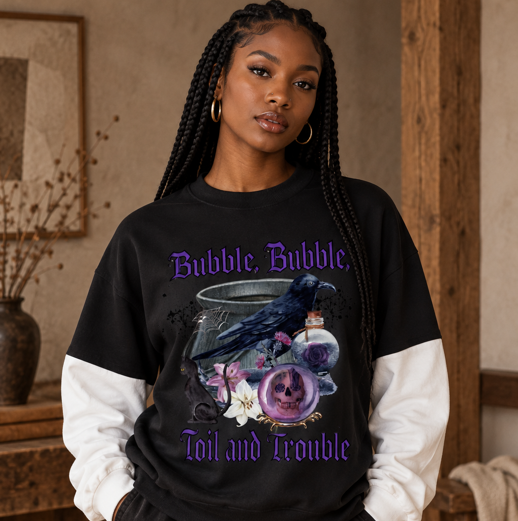 Gothic Raven Halloween Graphic  Unisex Layered Contrast Sleeve Cotton T-Shirt