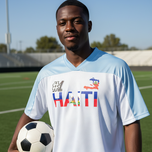 Oversized Unisex V-Neck Soccer Jersey Featuring a Haiti Flag-Inspired Mesh Design