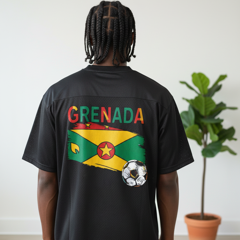 Grenada Flag Themed Graphic Mesh V-Neck Soccer Jersey