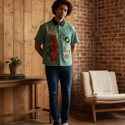Jazz Singer, Jazz Band Graphic Unisex Striped Boxy Contrast Collar Shirt