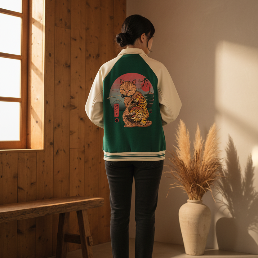 Asian and Tiger Themed Graphic Contrast Raglan Sleeve Baseball  Unisex Jacket