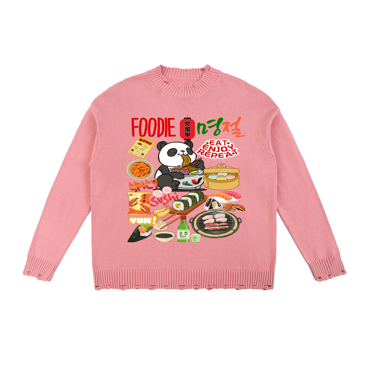 Asian Foodie Themed Graphic Vintage Washed Hand-Frayed Sweater