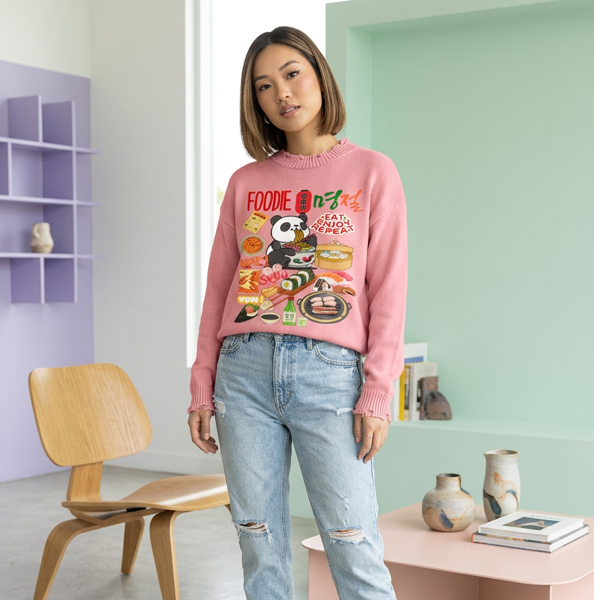 Asian Foodie Themed Graphic Vintage Washed Hand-Frayed Sweater