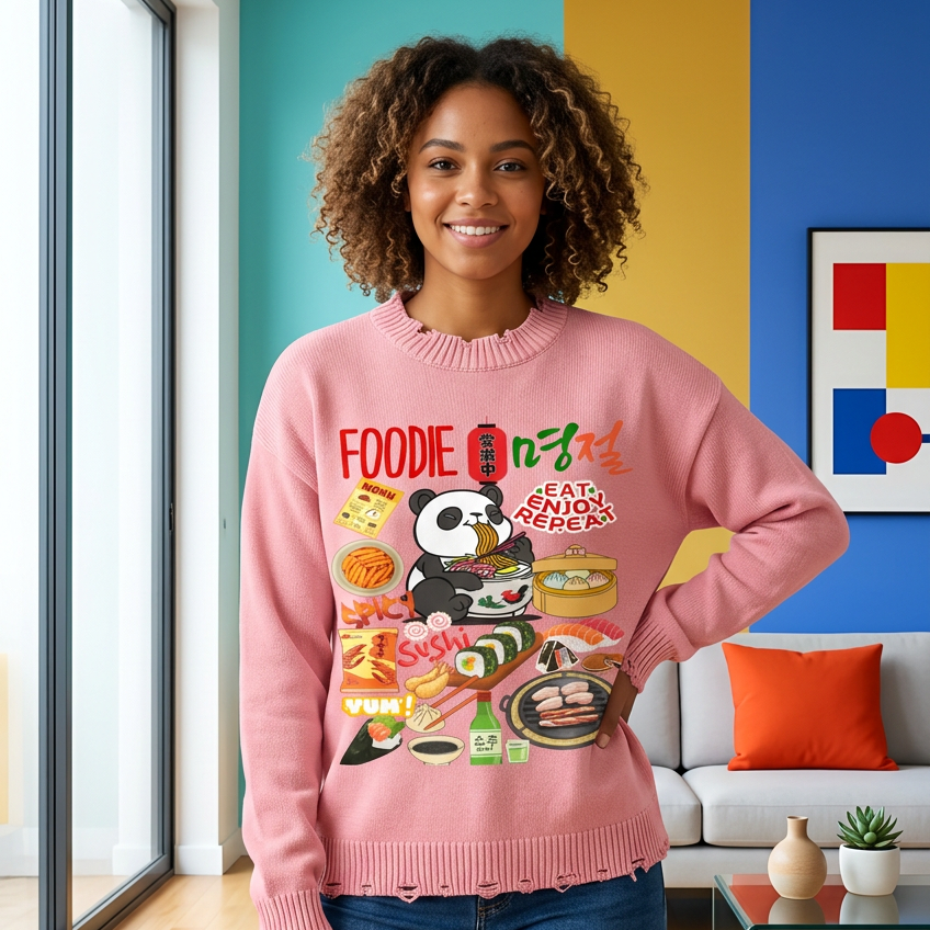 Asian Foodie Themed Graphic Vintage Washed Hand-Frayed Sweater