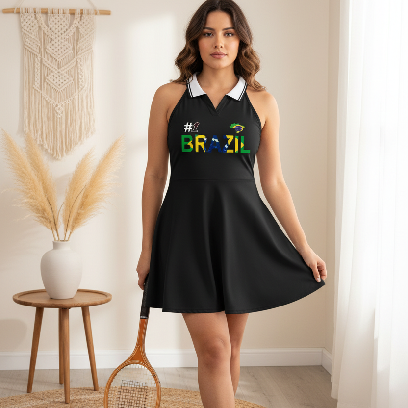 Brazil Flag Themed Women's Collared Halter A-Line Tennis Dress