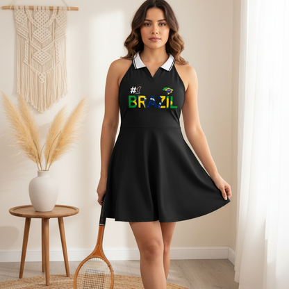 Brazil Flag Themed Women's Collared Halter A-Line Tennis Dress