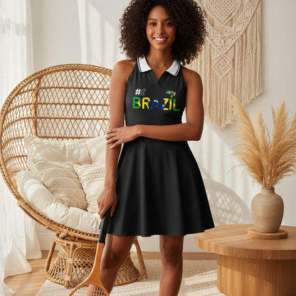 Brazil Flag Themed Women's Collared Halter A-Line Tennis Dress