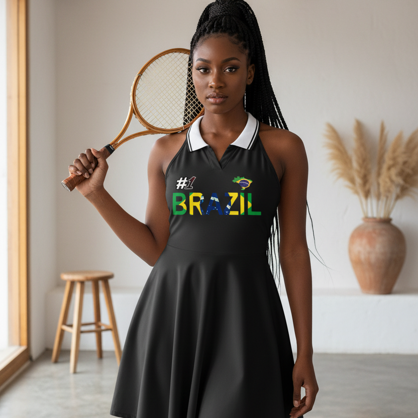 Women's A-Line Tennis Dress featuring a collared, halter-style design with a Brazil-themed Graphic