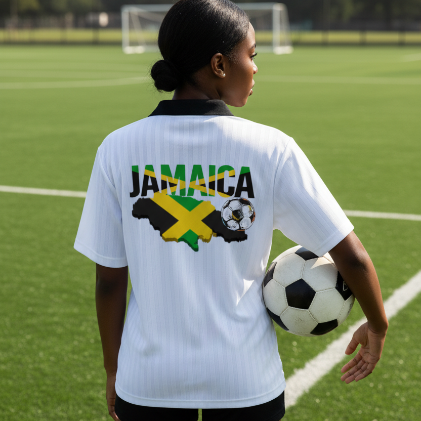 Unisex Soccer Jersey Featuring a Jamaican Flag-Inspired Design with Contrast Collar and Striped Pattern ODMPOD