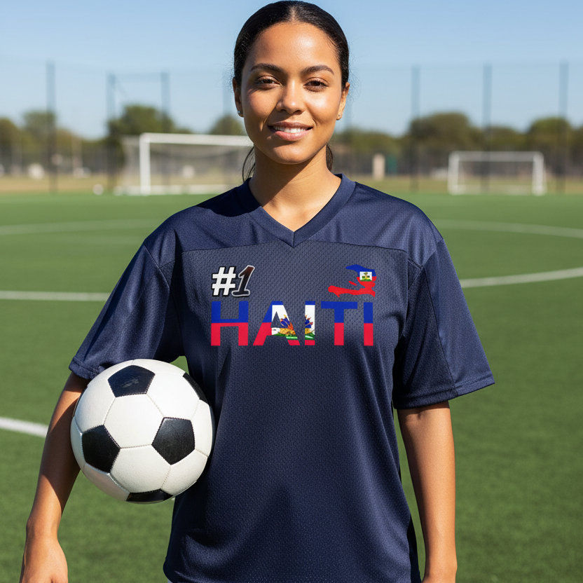 Haiti Flag Themed Oversized Mesh V-Neck Unisex Soccer Jersey