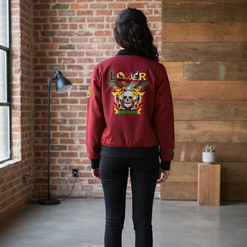 Skull Flames "Loner" Women's Bomber Jacket — Gothic Punk Graphic Outerwear