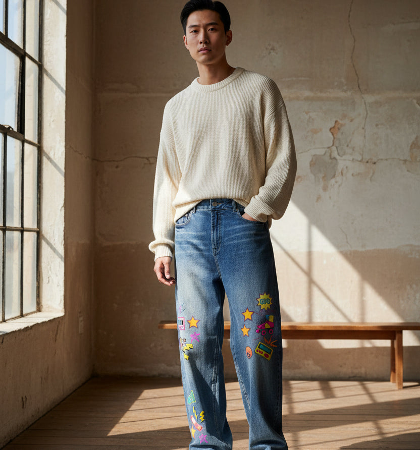 90s Themed Graphic Unisex Sun Fade Heavyweight Denim Jeans