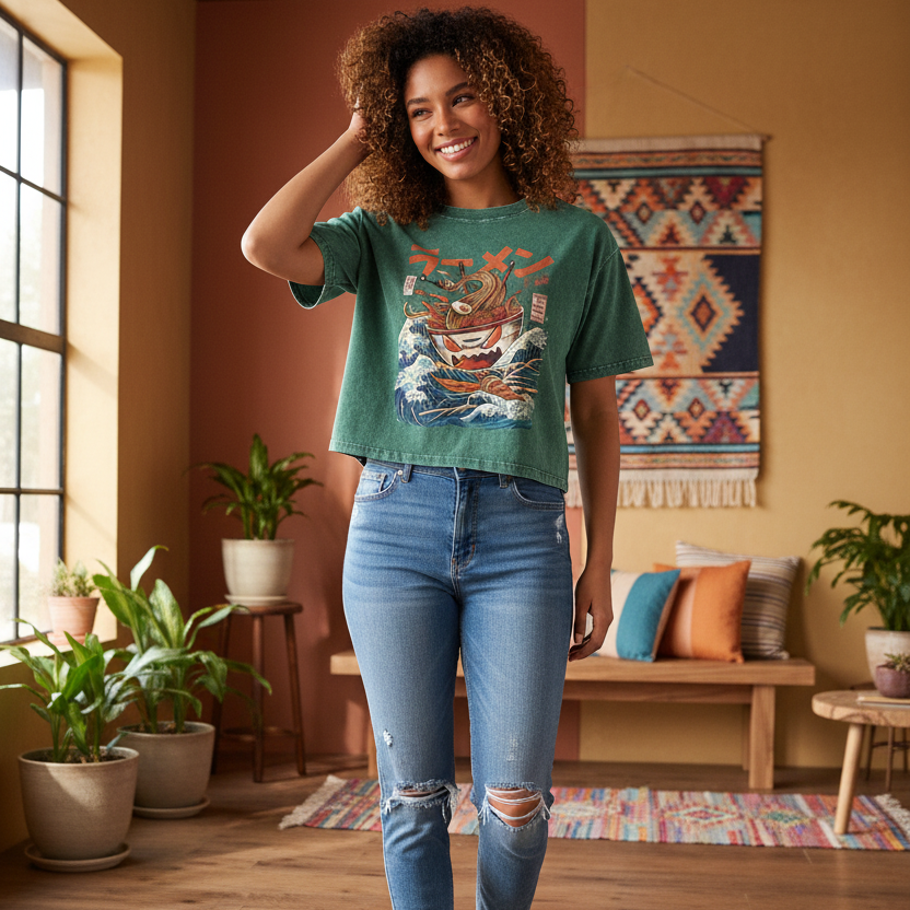 Graphic Ramen Art  Mineral Wash Boxy Cotton Unisex T-Shirt