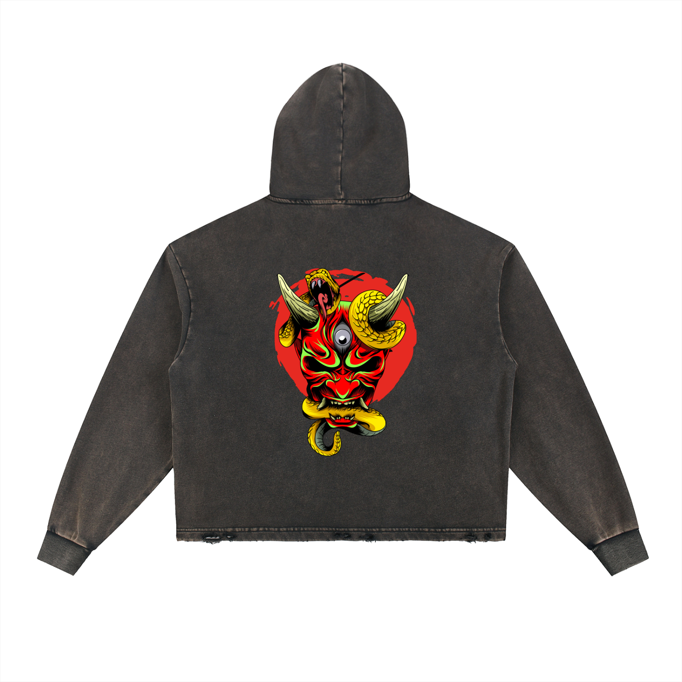 Samurai Menpo Graphic Vintage Washed Frayed-Hem Hoodie