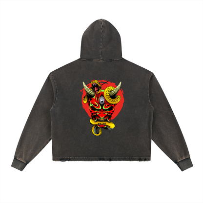 Samurai Menpo Graphic Vintage Washed Frayed-Hem Hoodie