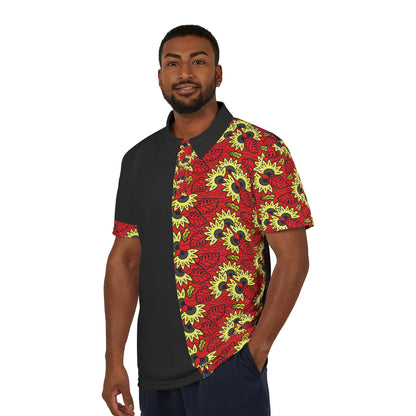 Wax Print Polo Shirt — Red & Yellow Sunflower Pattern