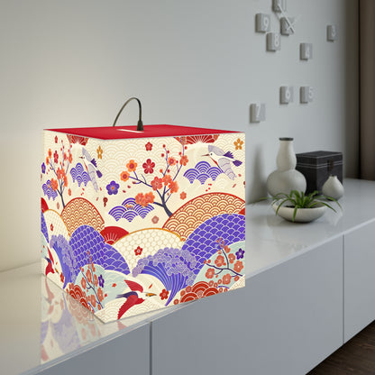 Japanese Wave & Crane Light Cube Lamp — Floral Origami Pattern Ambient Pendant