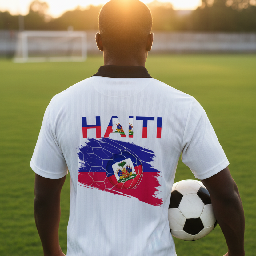 Unisex Haiti Flag Themed Contrast Collar Striped Soccer Jersey