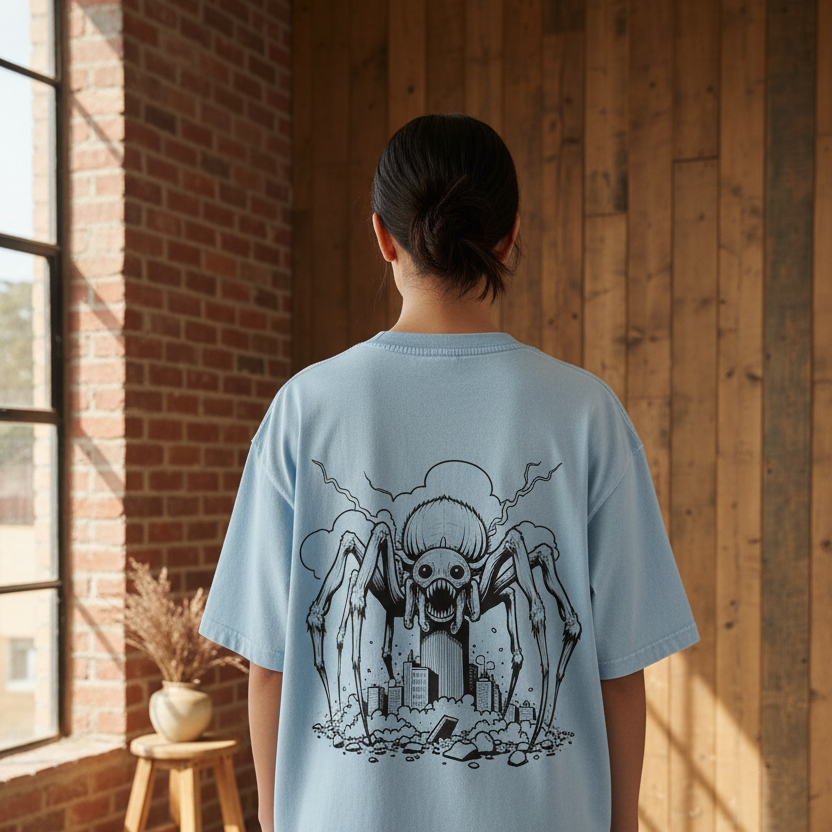 Gothic Spider Art Graphic Unisex Mineral Wash Boxy Cotton T-Shirt