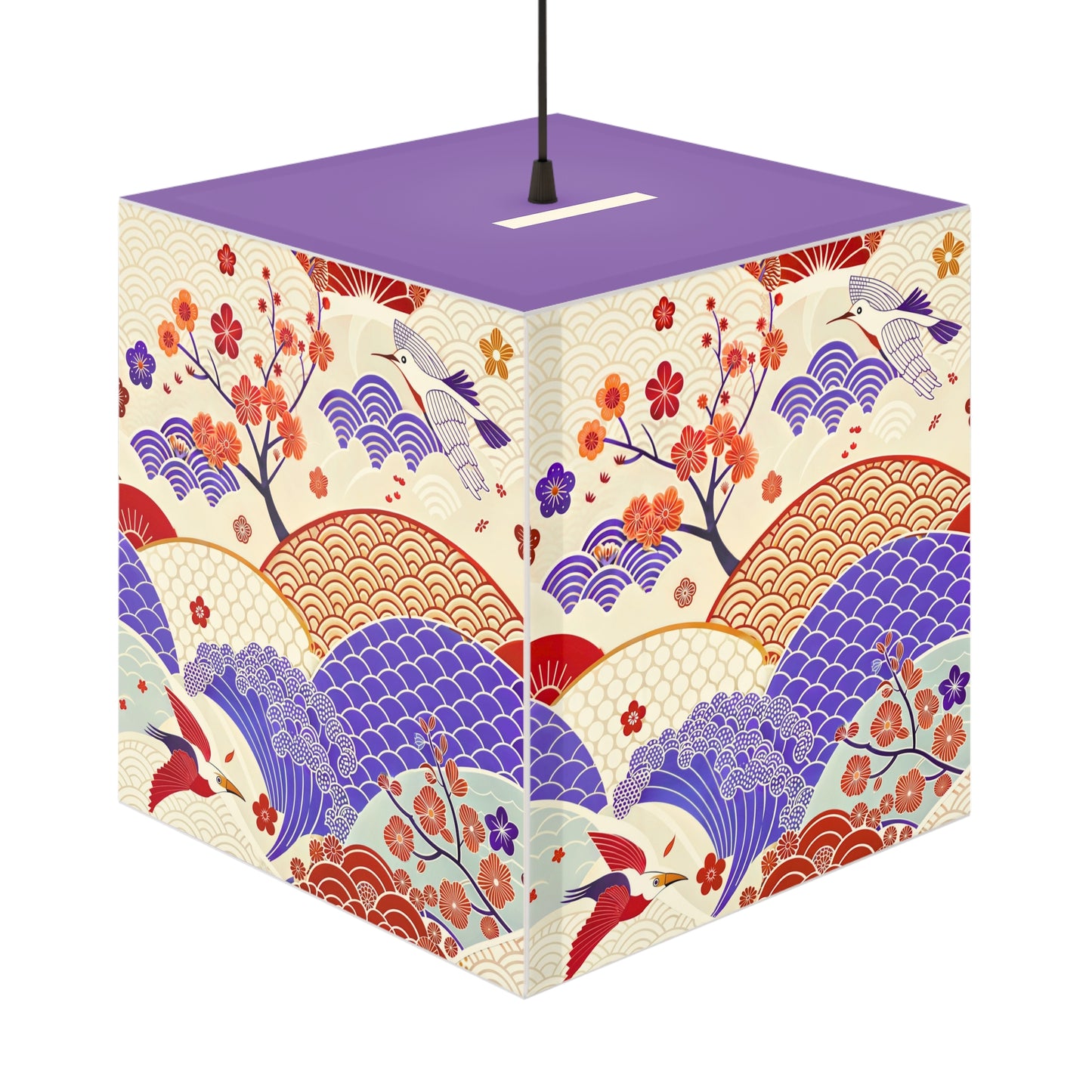 Japanese Wave & Crane Light Cube Lamp — Floral Origami Pattern Ambient Pendant
