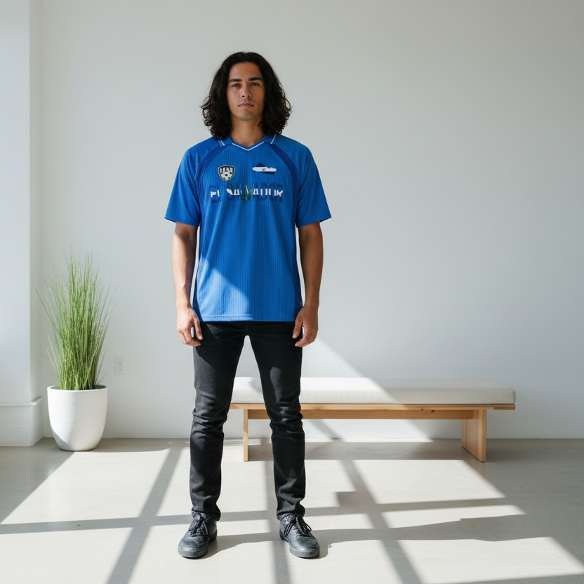 El Salvador Flag Themed Striped V-Neck Soccer Unisex Jersey