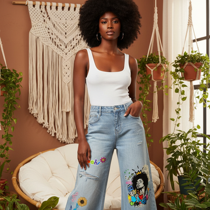 Colorful Graffiti Afro Music Themed Graphic Women's Vintage Wash Distressed Wide Leg Jeans