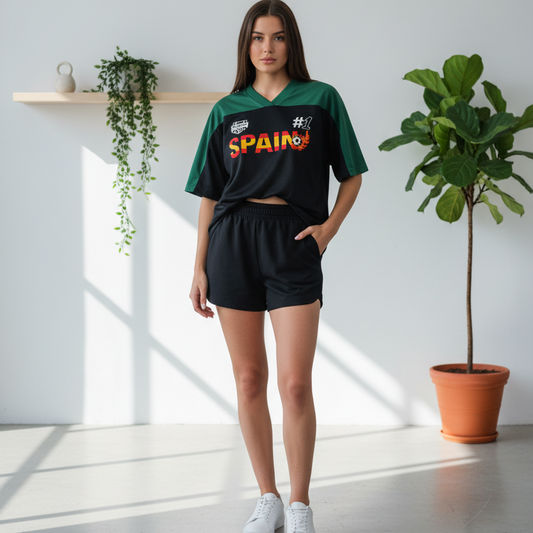 Spain Flag Themed Graphic Mesh V-Neck Soccer Jersey