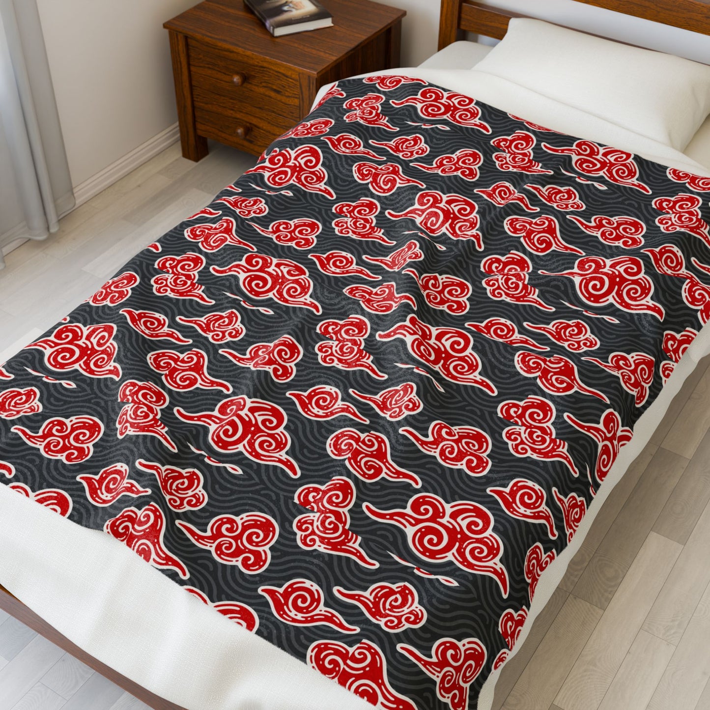 Akatsuki Cloud Pattern Velveteen Plush Blanket — Japanese Anime Inspired Red Cloud Throw
