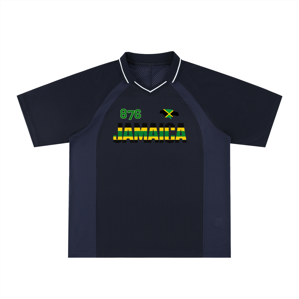 Jamaican Pride, Flag Themed Graphic V-Neck Collared  Unisex Soccer Jersey