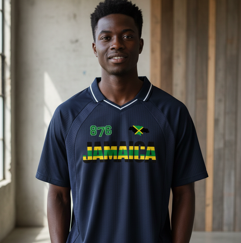 Jamaican Pride, Flag Themed Graphic V-Neck Collared  Unisex Soccer Jersey